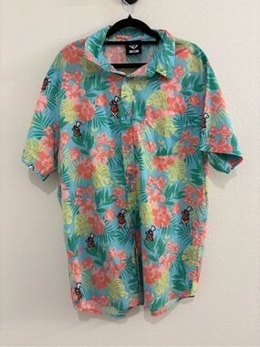Men's Floral Short-Sleeve Button-Up Polo Shirt - Aqua/Coral
